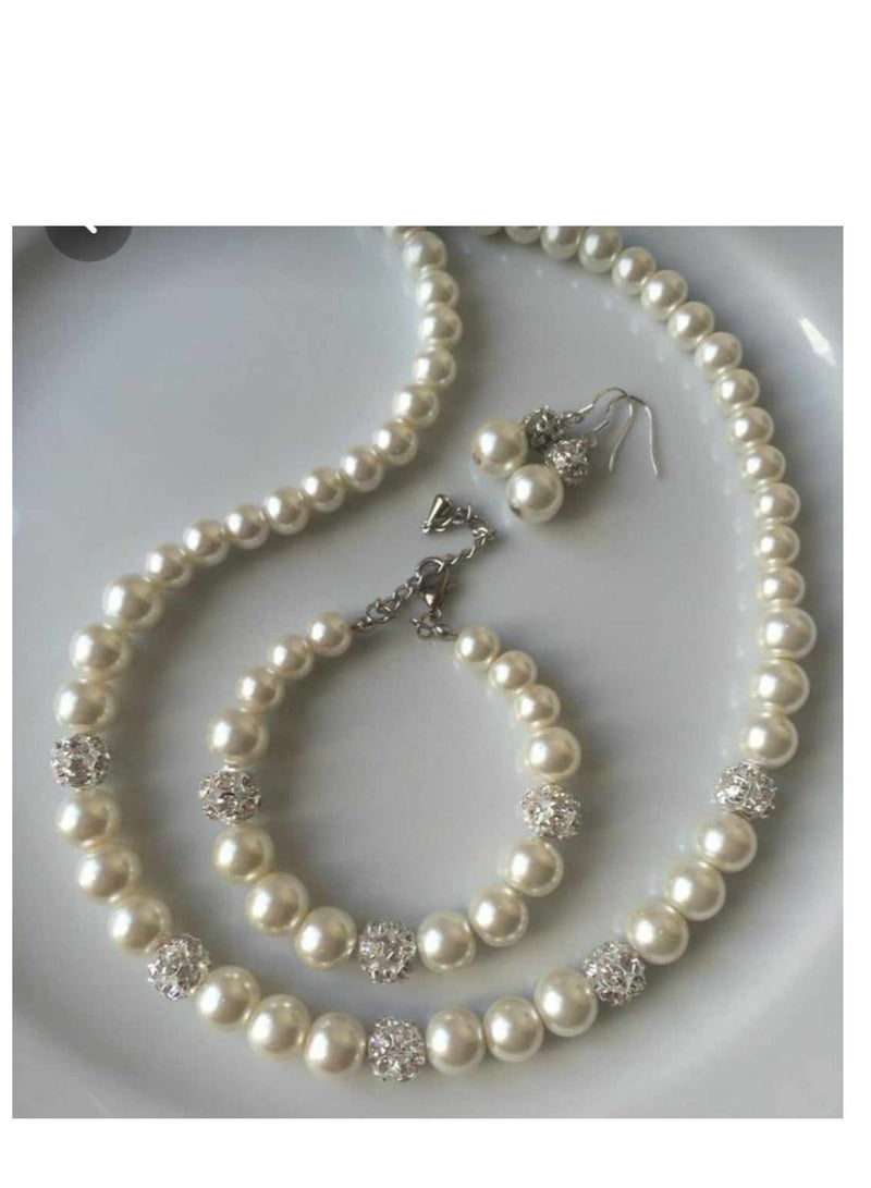 Women Set Necklace, Earring & Bracelet Off White Pearls With Diamond 
