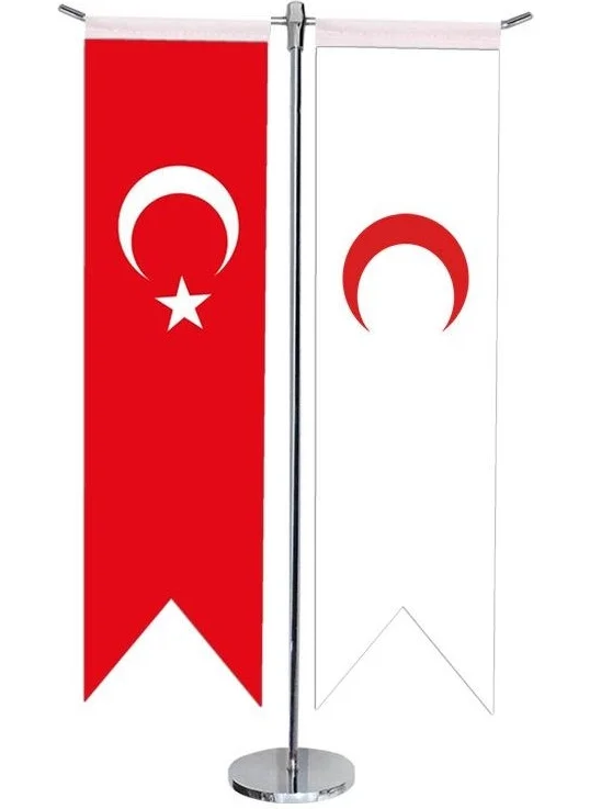 Saturndesign Desktop Swallow Red Crescent + Turkish Flag + Chrome T-Pole Table Flag Set