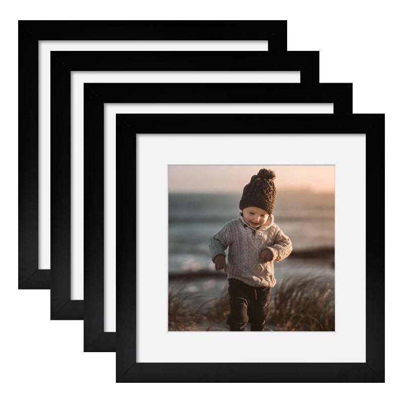 KINLINK 7x7 Picture Frames Black  Square Photo Frames with Plexiglass for Picture 5x5 with Mat or 7x7 without Mat  Composite Wood Picture Frames for Table Top and Wall Mounting  Set of 4 - Image 1