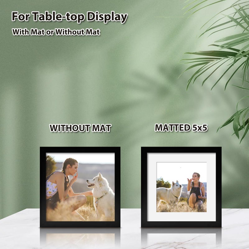 KINLINK 7x7 Picture Frames Black  Square Photo Frames with Plexiglass for Picture 5x5 with Mat or 7x7 without Mat  Composite Wood Picture Frames for Table Top and Wall Mounting  Set of 4 - Image 4