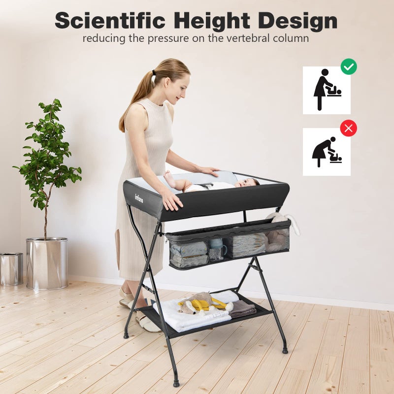 INFANS Baby Changing Table, Folding Diaper Station Portable Nursery Organizer with Safety Belt and Large Storage Racks for Newborn Baby and Infant (Black) - Image 3