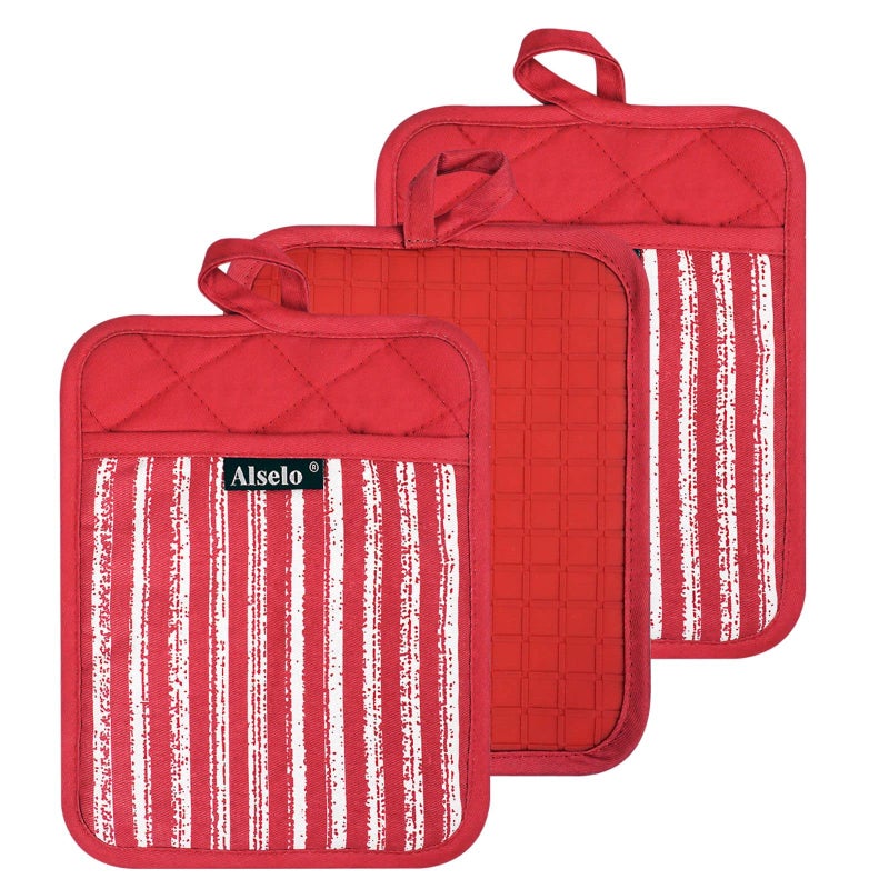 Alselo Silicone Pot Holders Set of 3 Heat Resistant  Non Slip Potholders Professional Oven Hot Pads with Pockets Mitts for Kitchen Cooking Baking Barbecue 3 Red