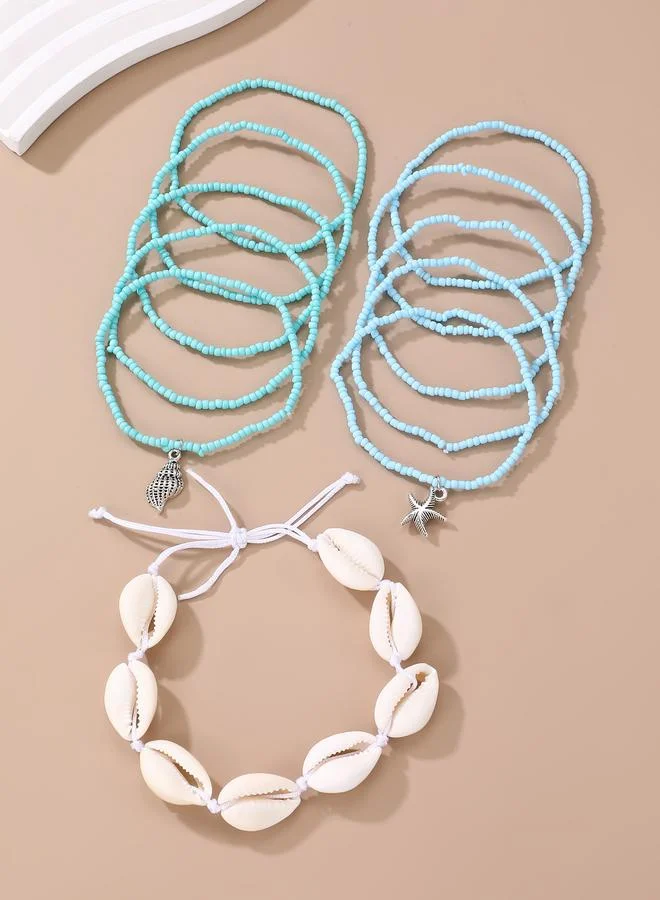 Take Two Pack of 11 - Multi-Color Beaded Bracelets with Starfish and Shell Charms