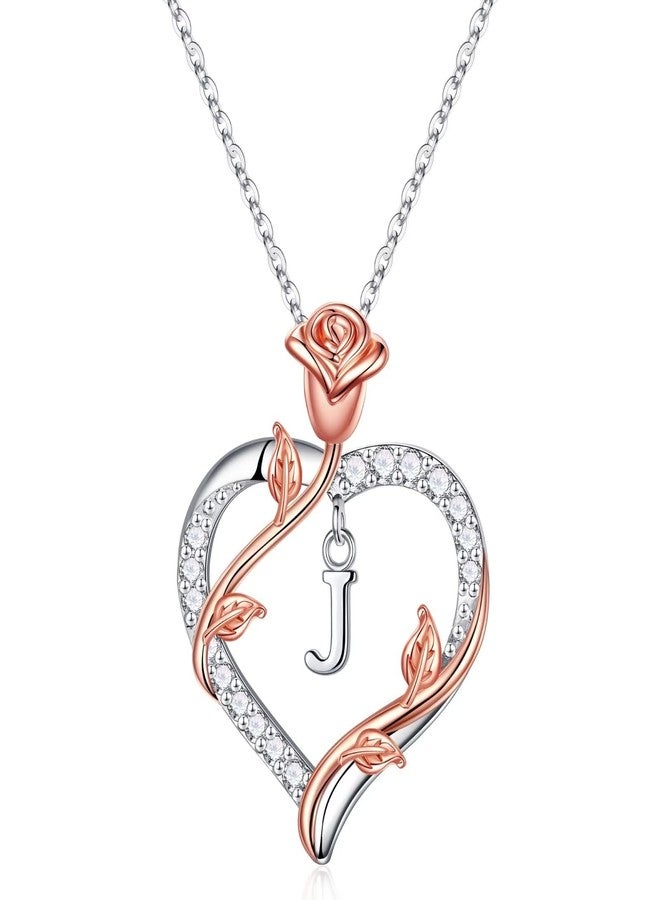 Vjoypro Easter Gifts - Necklace Gifts for Women Girls, Letter J Initial Necklaces Rose Flower Love Heart Necklace Anniversary Birthday Mothers Day Birthday Gift for Wife Daughter Mom - Image 1