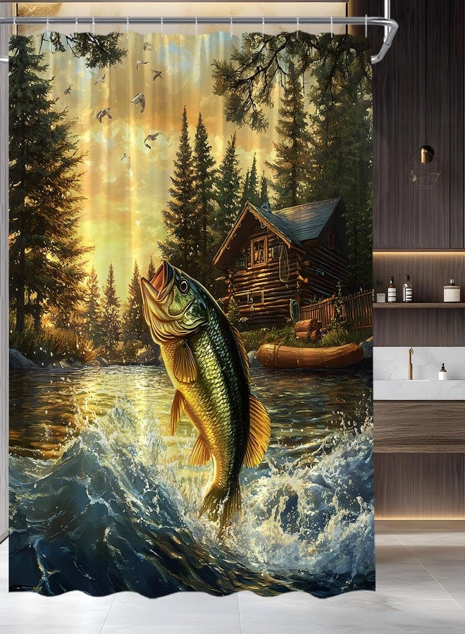Fishing Shower Curtain Rustic Cabin Country Lodge Bass Fish Lake RV Farmhouse Hunting Camp Forest Nature Art Fabric Bathroom Decor Set,70x70 inch - Image 1