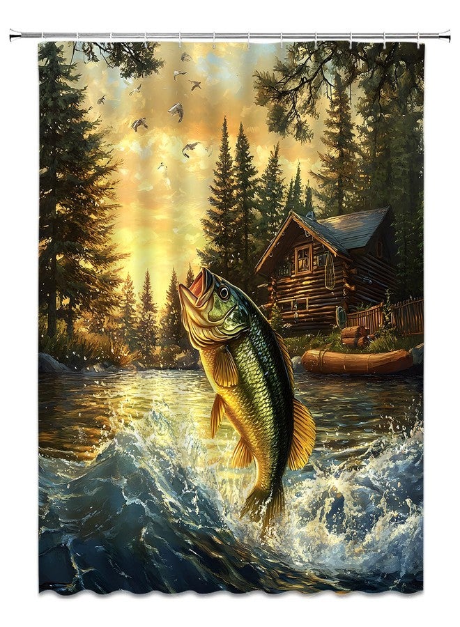 Fishing Shower Curtain Rustic Cabin Country Lodge Bass Fish Lake RV Farmhouse Hunting Camp Forest Nature Art Fabric Bathroom Decor Set,70x70 inch - Image 4