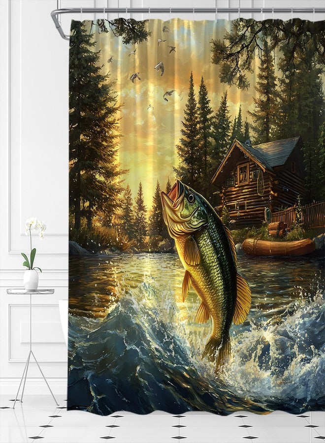 Fishing Shower Curtain Rustic Cabin Country Lodge Bass Fish Lake RV Farmhouse Hunting Camp Forest Nature Art Fabric Bathroom Decor Set,70x70 inch - Image 3