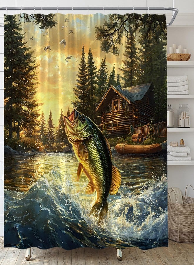 Fishing Shower Curtain Rustic Cabin Country Lodge Bass Fish Lake RV Farmhouse Hunting Camp Forest Nature Art Fabric Bathroom Decor Set,70x70 inch - Image 2