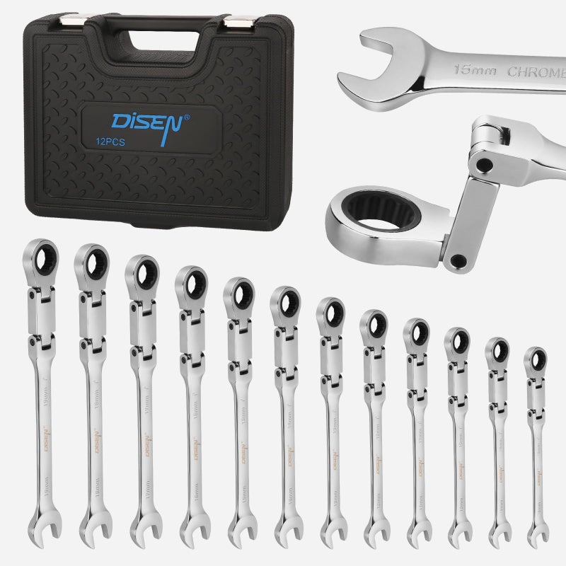 DISEN 12pcs Ratchet Wrenches Set Double Jointed, Metric Flex Head Ratcheting Wrench Set 8-19mm, Open End & Box End Combination Wrench, 72-Teeth, Cr-V Steel, with Heavy Duty Case - Image 1