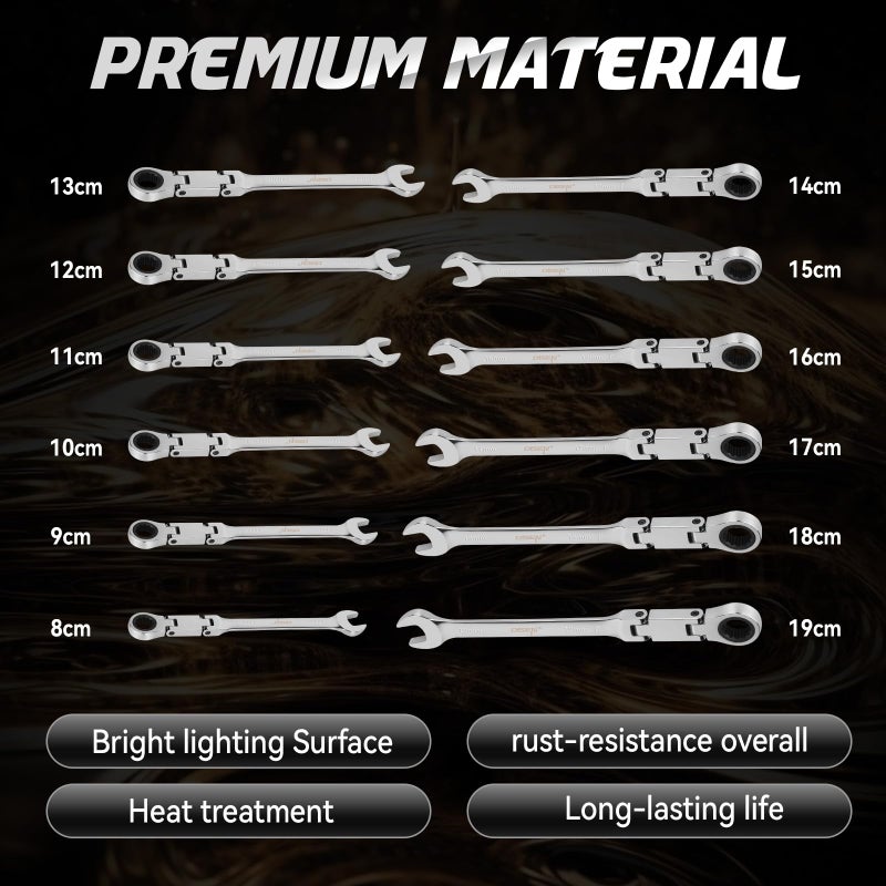 DISEN 12pcs Ratchet Wrenches Set Double Jointed, Metric Flex Head Ratcheting Wrench Set 8-19mm, Open End & Box End Combination Wrench, 72-Teeth, Cr-V Steel, with Heavy Duty Case - Image 5