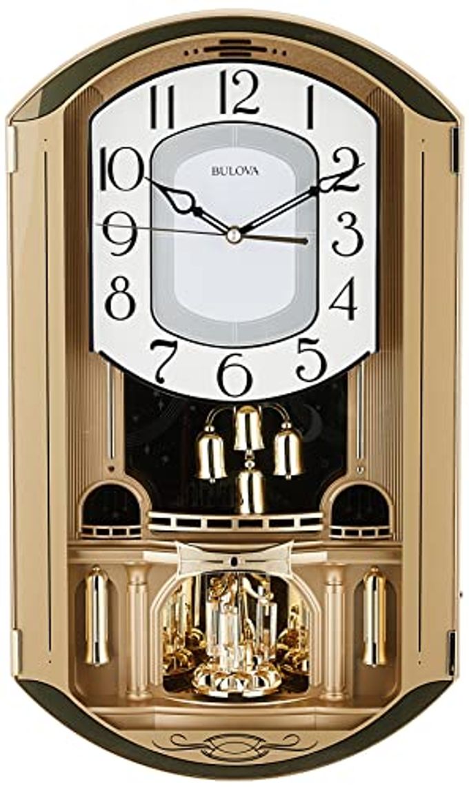 Bulova C4900 Golden Music Wall Clock | Gold-Tone Case with Rotating Crystal Pendulum | 12 Melodies | Adjustable Volume | Night Shutoff - Image 5