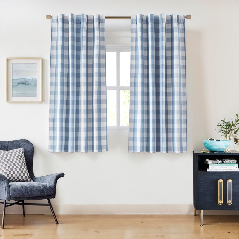 Bapawfish Short Buffalo Plaid Blackout Curtain Panels 63 Inches Long,Dusty Blue and White Gingham Drapes with Room Darkening Liner,Thermal Insulated Window Treatment,Rod Pocket Back Tabs,40" Wx63 Lx2 - Image 1