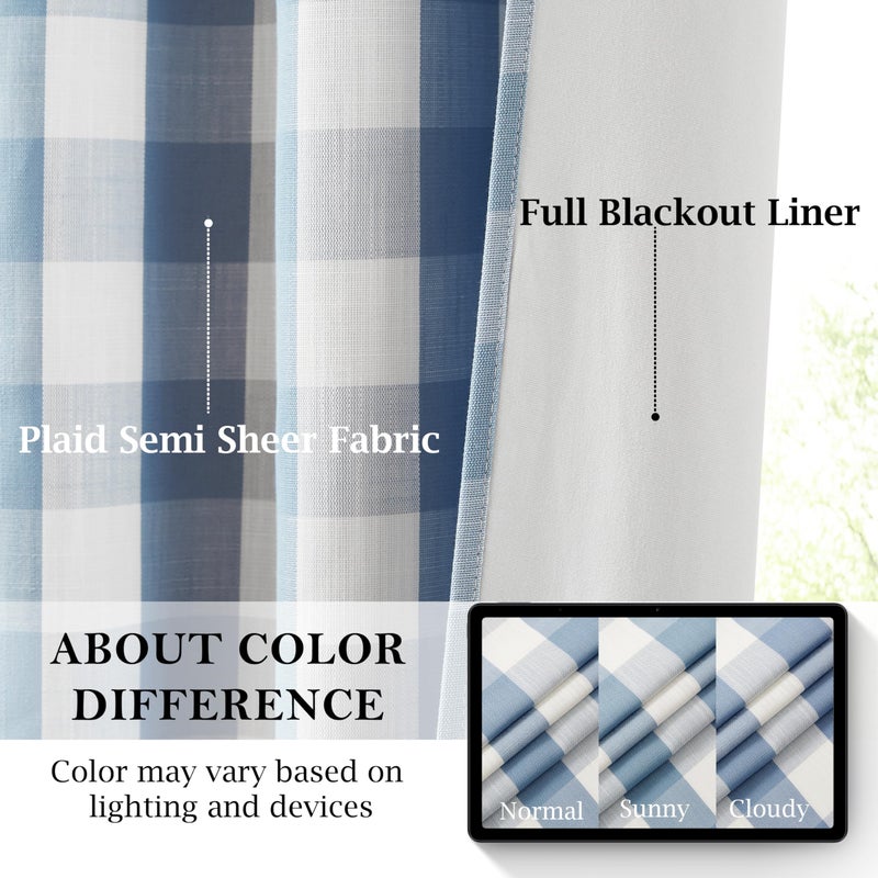 Bapawfish Short Buffalo Plaid Blackout Curtain Panels 63 Inches Long,Dusty Blue and White Gingham Drapes with Room Darkening Liner,Thermal Insulated Window Treatment,Rod Pocket Back Tabs,40" Wx63 Lx2 - Image 3