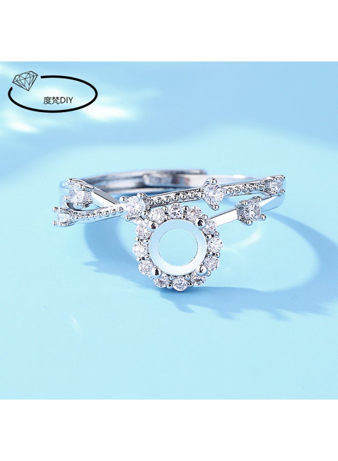 White Gold-plated Bamboo Copper Ring Empty Holder Diy Female Ring Holder Inlaid With Round Huazi Diamond Jadeite Dangerous Material Imitation 925 Silver