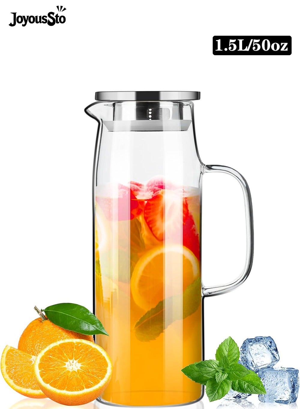 JoyousSto Glass Pitcher with Lid and Spout 50oz/ 1.5L, Hot/Cold Water Pitcher, Iced Tea Pitcher for the Shelf of Fridge, Easy to Clean, High Borosilicate Glass Pitcher for Lemonde, Juice and Milk