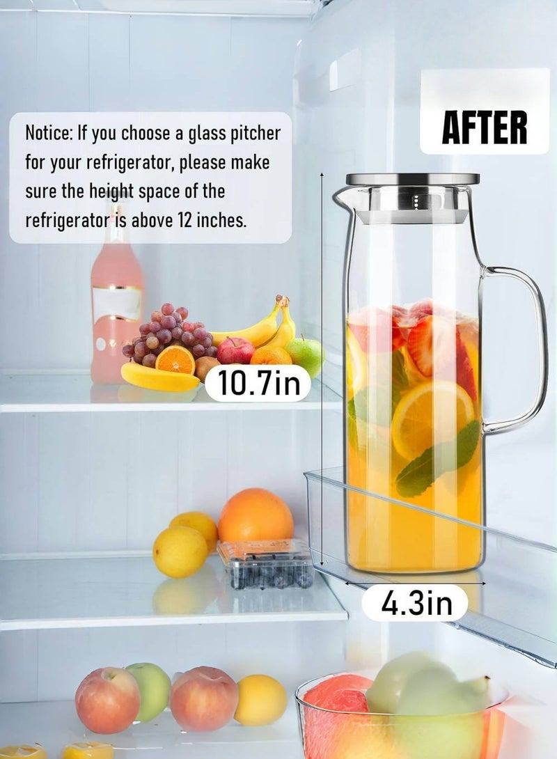 متجر الفرح إبريق زجاجي مع غطاء وفوهة سعة 50 أونصة/ 1.5 لتر، إبريق ماء ساخن/بارد، إبريق شاي مثلج لرف الثلاجة، سهل التنظيف، إبريق زجاجي عالي البورسليكات لليمون والعصير والحليب - Image 3