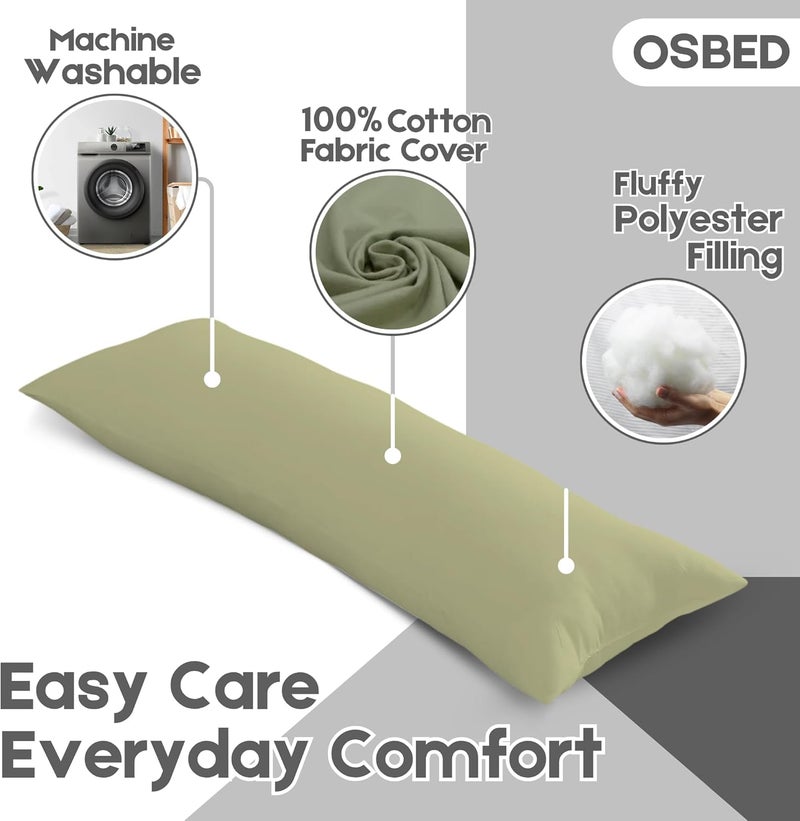 OSBED Soft & Comfy Long Body Pillow for Side Sleepers - 100% Cotton Cover, Sage Green, 50 x 120cm - Image 3