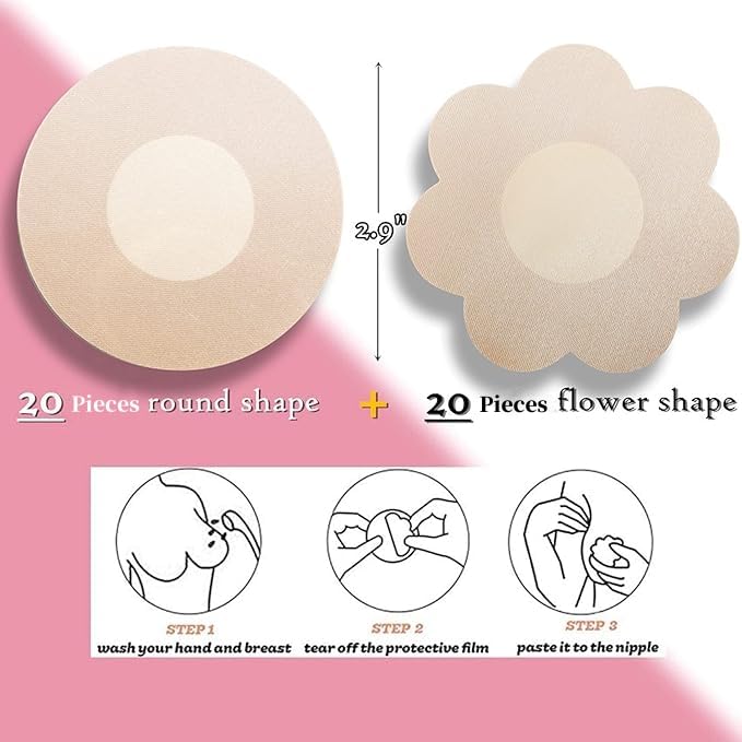 Yirnno 40 Pcs Pasties Nipple Covers For Women Disposable No-Show Hypoallergenic Nipple Pasties Satin Breast Petals Stickers (Nude, Standard) - Image 3