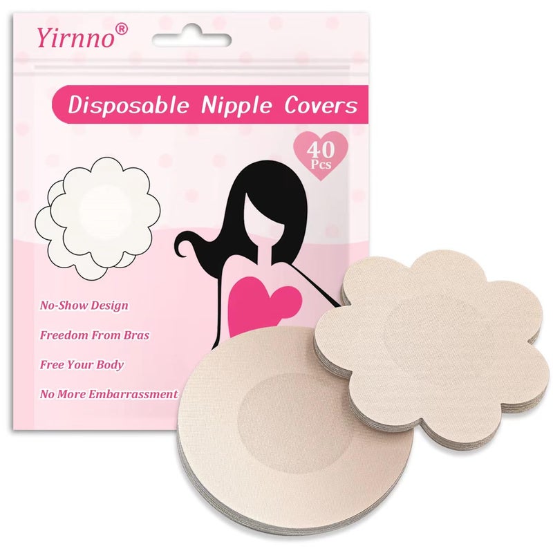 Yirnno 40 Pcs Pasties Nipple Covers For Women Disposable No-Show Hypoallergenic Nipple Pasties Satin Breast Petals Stickers (Nude, Standard) - Image 1