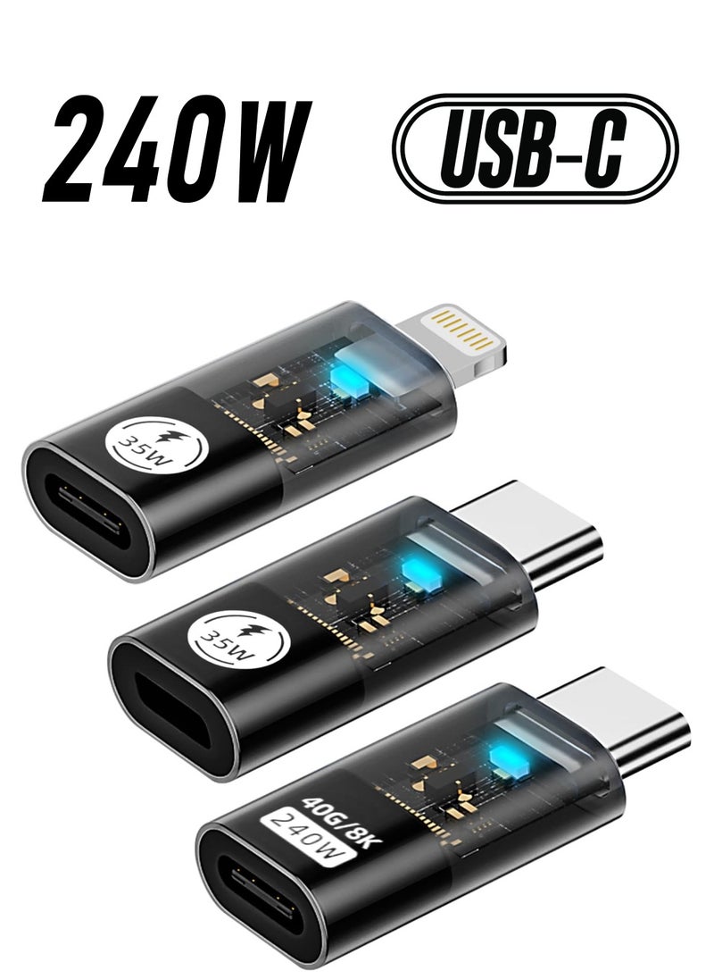 SYOSI - 35W/480Mbps USB-C Male to Lightning Female Adapter, 240W/40Gbps USB Type C Male to Female Extender, 35W/480Mbps USB C Female to Lightning Male Converter (3 Pack, Transparent Black) - Image 1
