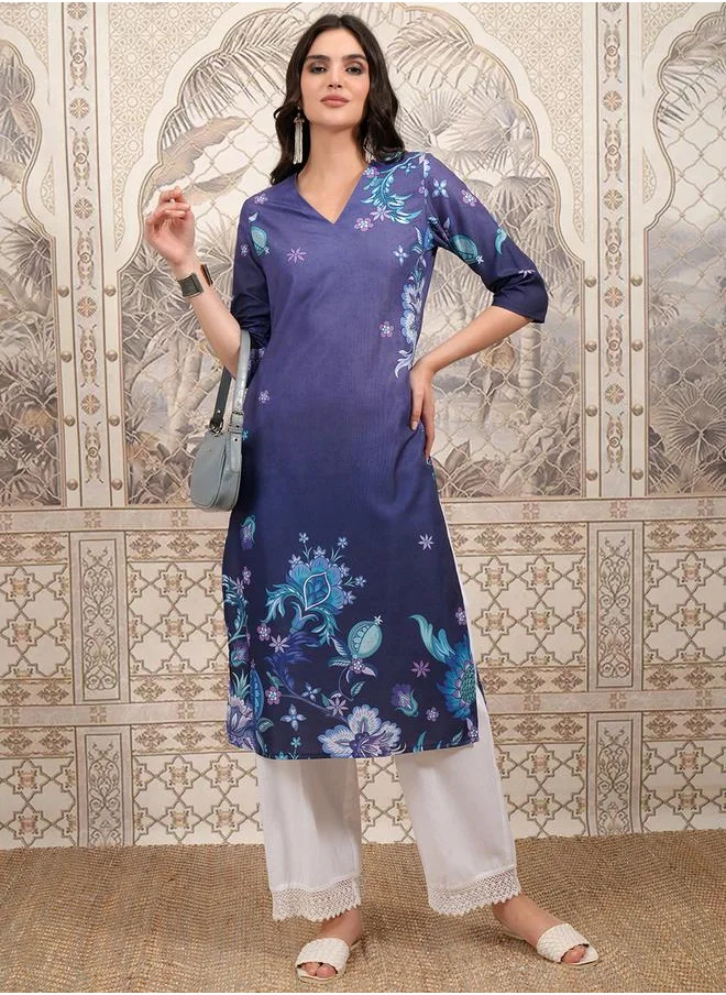 Vishudh Purple Floral Printed Straight Kurta by Styli
