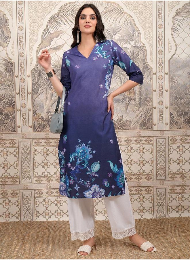 Vishudh - Purple Floral Printed Straight Kurta by Styli - Image 1
