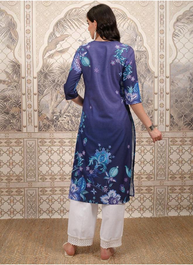 Vishudh - Purple Floral Printed Straight Kurta by Styli - Image 1