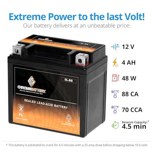 CB CHROMEBATTERY 5L-BS Maintenance-Free 12V 5Ah Battery Replacement for ATV, Motorcycle, Jet Skis, Scooter, UTV, and More - Nut and Bolt (T3) Terminal - Image 3