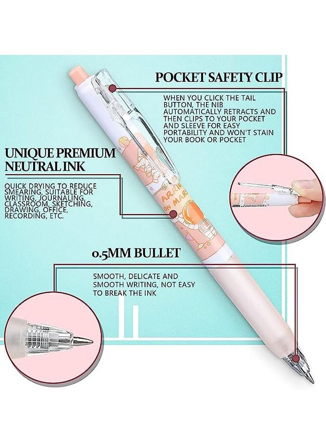 Kawaii Gel Ink Pen, 6 Pcs Retractable Gel Pen, Black Ink, 0.5mm Pens Fun Space Aesthetic Pens for Office School Kids Writing Journaling Supplies, Kawaii Pressing Gel Pen (Spaceman)