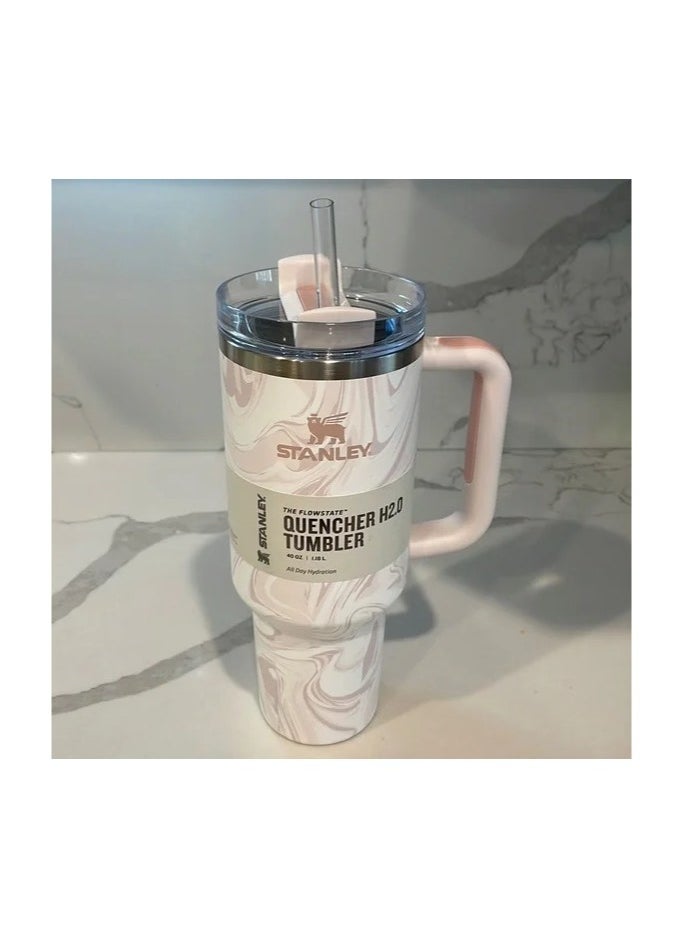 Stanley - Stanley cup H2.0 Stainless Steel with Lid and Straw for Water Iced Tea,Coffee and Smoothie,Rose Quartz Swirl,40 oz - Image 1