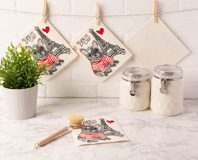 DII Swedish Dishcloths for Kitchen & Cleaning  Reusable  Machine Washable & Dishwasher Safe  Biodegradable  7.75 x 6.75  Dog in Paris  3 Piece - Image 5