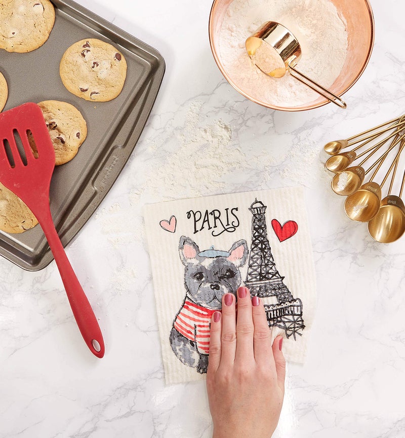 DII Swedish Dishcloths for Kitchen & Cleaning  Reusable  Machine Washable & Dishwasher Safe  Biodegradable  7.75 x 6.75  Dog in Paris  3 Piece - Image 4