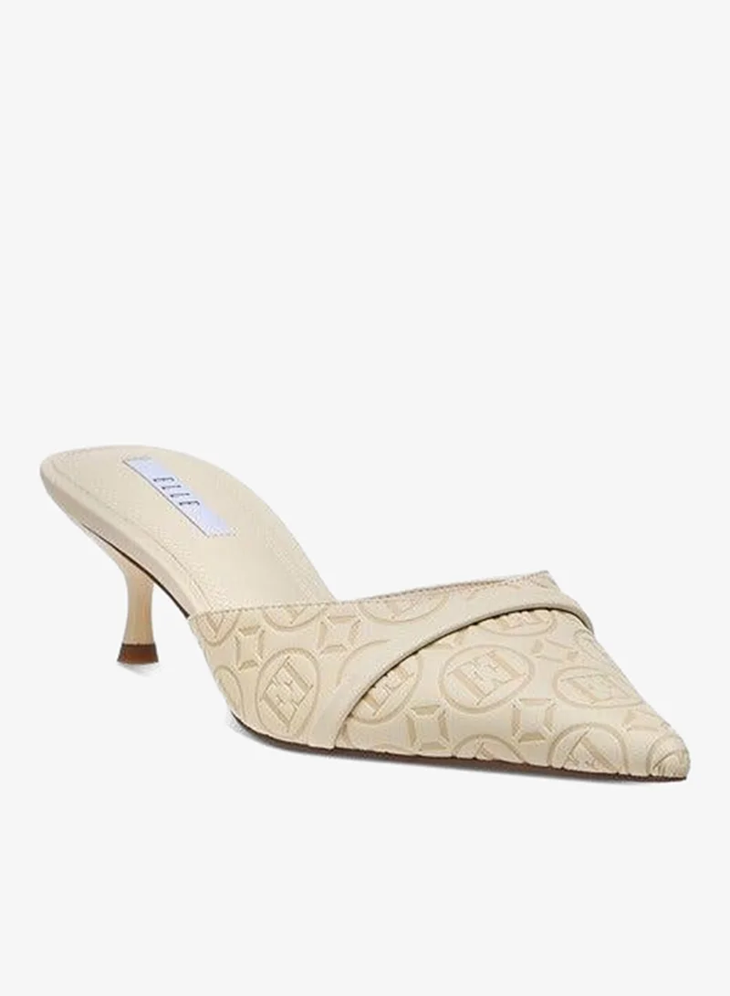 ELLE Women's Monogram Detail Slip-On Mules with Kitten Heels
