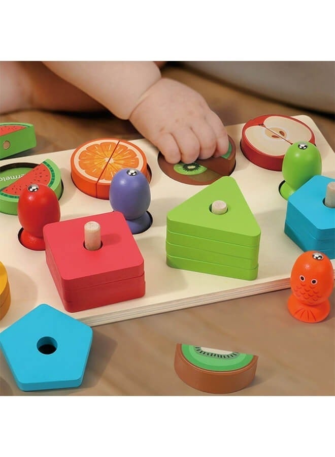 Arabest 3-in-1 Wooden Educational Toy – Shape & Color Sorting, Fruit Recognition, Montessori Stacking Puzzle – Interactive Learning Gift for Toddlers & Preschool Kids - Image 4