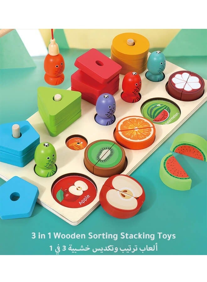 Arabest 3-in-1 Wooden Educational Toy – Shape & Color Sorting, Fruit Recognition, Montessori Stacking Puzzle – Interactive Learning Gift for Toddlers & Preschool Kids - Image 1