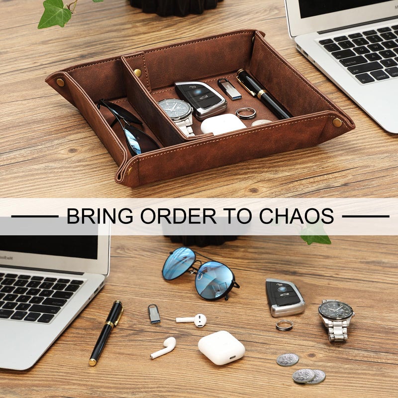 SITHON Valet Tray Desktop Storage Organizer, Removable 2 Compartments Catchall Tray Bedside Vanity Nightstand Caddy Holder Desk Storage Plate, Valentine's Day Gift, Brown - Image 5