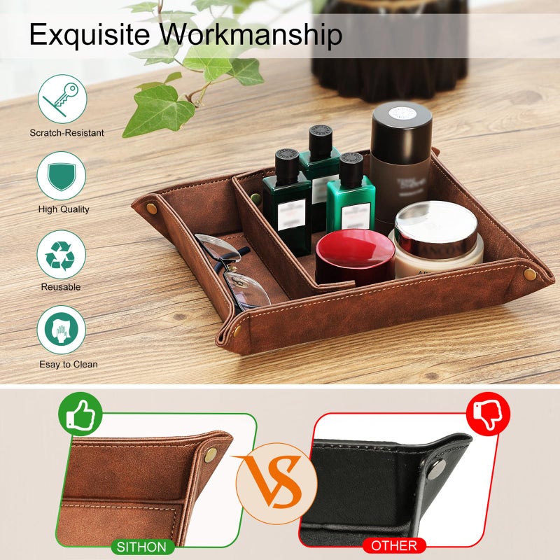 SITHON Valet Tray Desktop Storage Organizer, Removable 2 Compartments Catchall Tray Bedside Vanity Nightstand Caddy Holder Desk Storage Plate, Valentine's Day Gift, Brown - Image 4