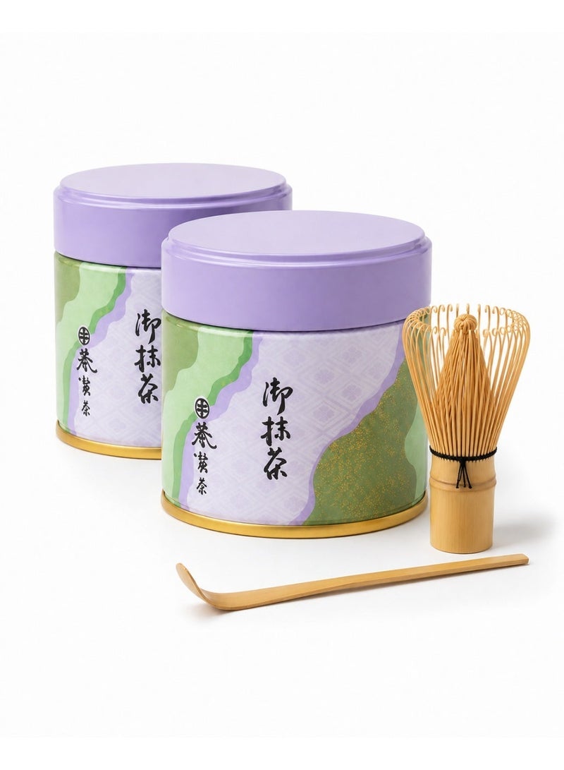AOI Japanese Pure Matcha Powder 30g x 2 + Bamboo Matcha Whisk Set 2 Pieces | Japanese Matcha Preparation Bundle - Image 1