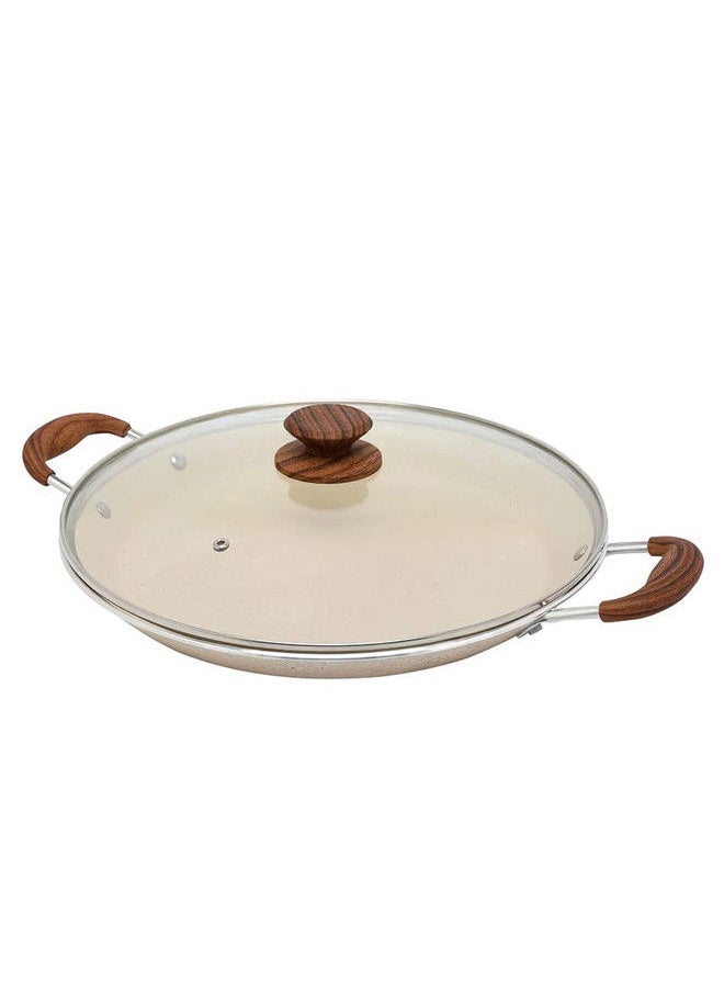 Non-Stick Aluminum Seafood Pan With Glass Lid With Soft Touch Wood Handle Beige/Brown 