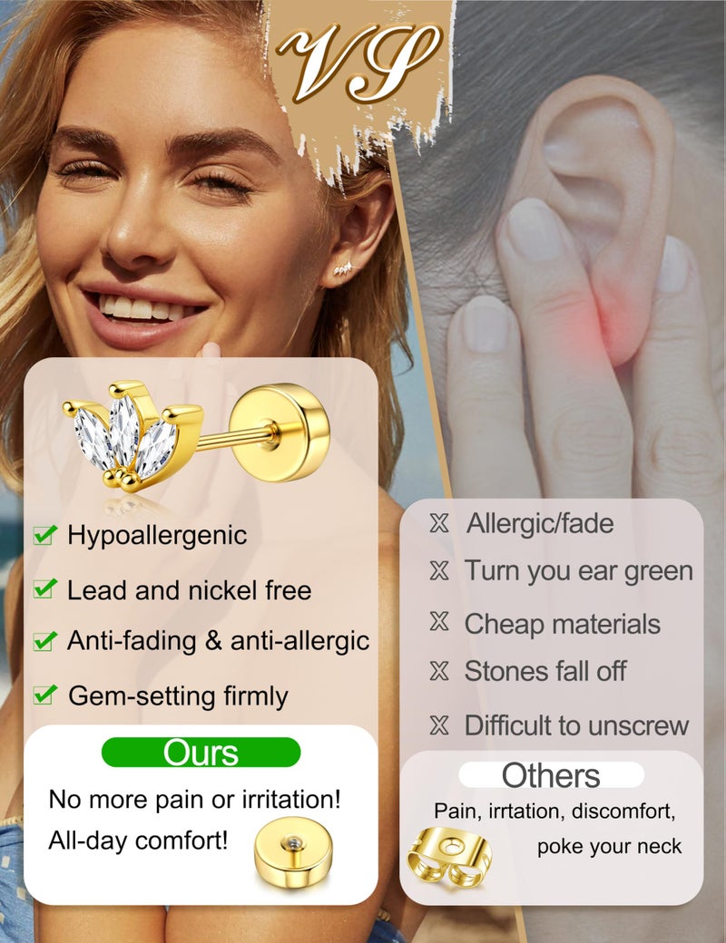 LOYALLOOK 925 Sterling Silver Flat Back Stud Earrings for Women Hypoallergenic | 14K Gold Plated Cartilage Earrings for Sensitive Ears | Small CZ Helix Conch Tragus Piercing Jewelry 20G Leaf - Image 4