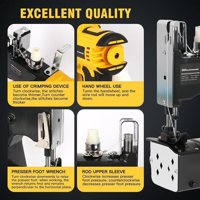 TriThardware 1000W Cordless Bag Sewing Machine with 2pcs Batteries, Portable Industrial Bag Closer, 2-Second Fast Sealingfor Woven PP/Canvas/Jute Bags, Factory &Farm Bag Stitcher-Yellow - Image 3