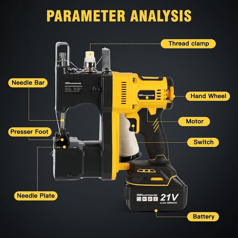 TriThardware 1000W Cordless Bag Sewing Machine with 2pcs Batteries, Portable Industrial Bag Closer, 2-Second Fast Sealingfor Woven PP/Canvas/Jute Bags, Factory &Farm Bag Stitcher-Yellow - Image 2