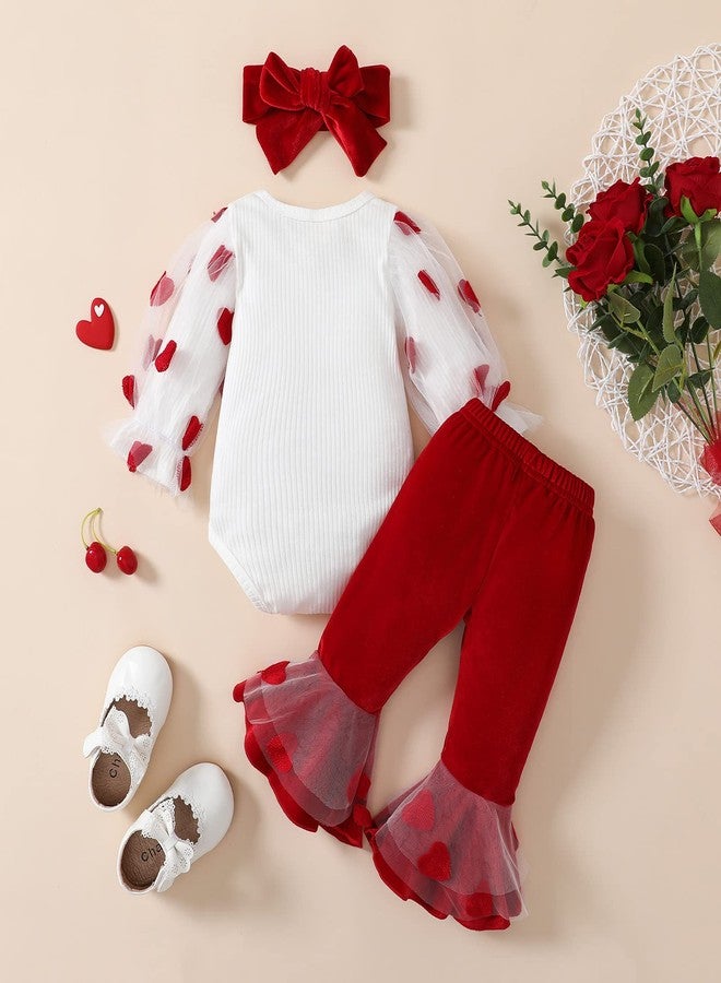 Gureui My First Valentines Day Toddler Baby Girl Outfit Red Heart Long Sleeve Romper and Flare Pants Infant Clothes (A White my first valentines day, 0-3 Months) - Image 3