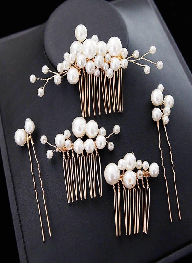 Foyte 5PCS Pearl Hair Comb for Wedding Pearls Hair Clips Bridal Pearl Bobby Pins Set Gold Bridesmaid Hair Accessories for Women and Brides - Image 1
