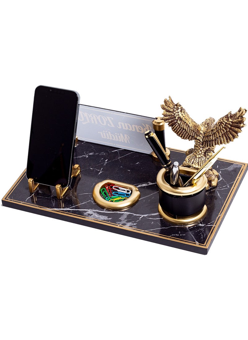 isimksepeti Side Eagle Figurine Office Desktop Name Tag Set Marble Patterned Wooden Table Name Tag