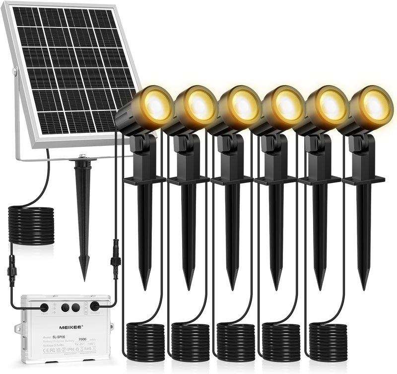 meikee 6 in 1 Solar Garden Spot Lights Warm White with Ground Spike Spotlight IP66 Waterproof Garden Lamp 2700K High Light Low Light for Patio Path Driveway Shrubs - Image 1