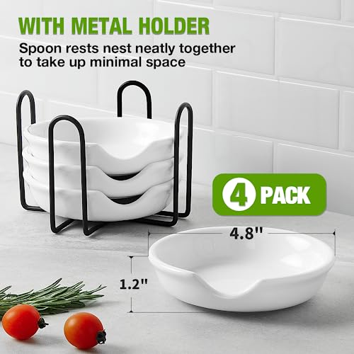 Gencywe 4 Pack Ceramic Spoon Rest with Metal Holder, Gencywe 4.8 inch Spoon Holder for Kitchen, for Stove Top, Coffee Spoons, Ladles, Tong, Cooking Utensil Rest, Housewarming Gifts - Image 2