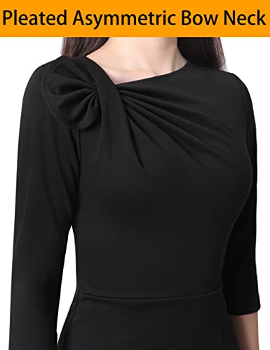 VFSHOW Womens Black Pleated Asymmetric Bow Neck Work Business Office Cocktail Party Bodycon Pencil Sheath Dress 3813 BLK S - Image 3
