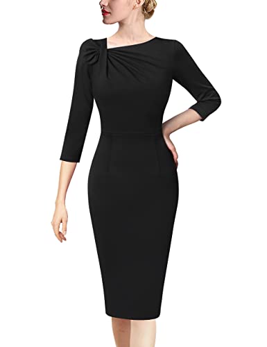 VFSHOW Womens Black Pleated Asymmetric Bow Neck Work Business Office Cocktail Party Bodycon Pencil Sheath Dress 3813 BLK S - Image 4
