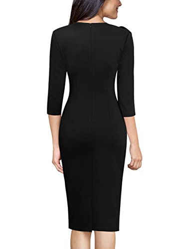 VFSHOW Womens Black Pleated Asymmetric Bow Neck Work Business Office Cocktail Party Bodycon Pencil Sheath Dress 3813 BLK S - Image 2